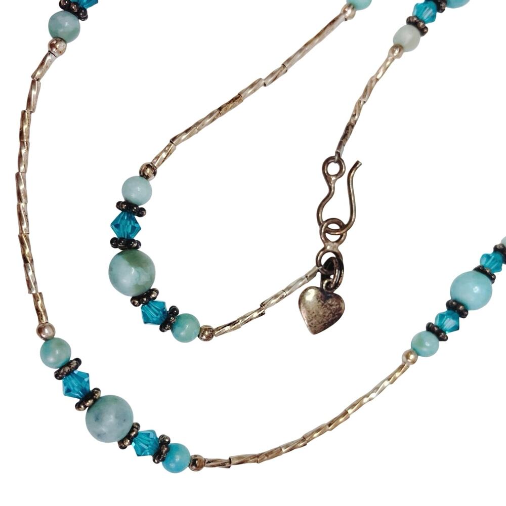 VTG 1960s Sterling Silver Amazonite Quartz Gemstone Beaded Crystal Necklace